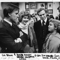 "Gov. Brown & Diana Doolely, Senate legislative liason..." "Gov. Brown & Vic Fazio (center) hold press conference after President has boarded A.F.1