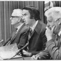 Randolph Collier (Democrat, Yreka), on the far right, Alfred Alquist (Democrat, San Jose) on the far left and John Burton in the center (Democrat San Francisco) all California State Senators