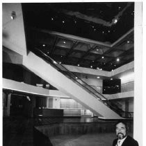 Barry Howard, Sacramento History Center designer, sitting inside the structure