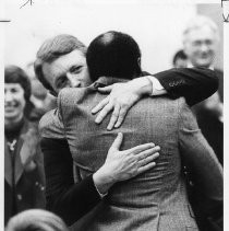 Leo McCarthy hugs Willie Brown after the vote