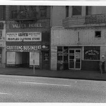 South side of K Street between 5th and 6th Streets showing the Chicken House and Grill, the Valley Hotel, People's Clothing Store, and the Coloma Hote