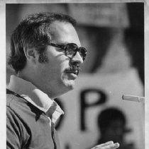 Phillip Isenberg, Sacramento City Councilman, Mayor, Assemblymember. He is shown while mayor, speaking at an anti-Bakke demonstration