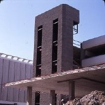 Site of the Downtown Plaza Parking Garage, Lot "G" near Macy's Department Store, 4th, 5th K and L Streets under construction. This view is looking east from the Fratt Building in Old Sacramento