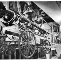 Firewagon hanging from ceiling inside Fanny Ann's restaurant