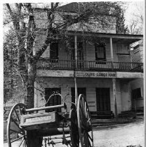 This hose cart standing in front of the Odd Fellows Lodge hall