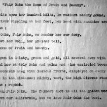 Lyrics to The Woman's Thursday Club of Fair Oak's song: "Fair Oaks the Home of Fruit and Beauty."
