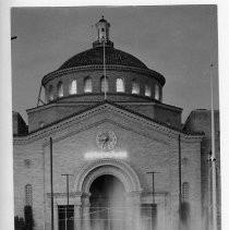 View of the "Dancing Waters" attraction at the California State Fair on opening day in 1955 in front of the Agricultural Hall or "Counties Building" as it was also known