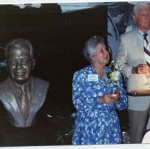 Photographs from Aubrey Neasham Bust Dedication at the Sacramento History Museum in Old Sacramento. Irene Neasham unveiling bust