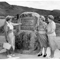 View of the plaque for Emigrant Trail at Beckwourth Pass, Portola, California State Landmark #336, Plumas County. The three women at the monument are not identified