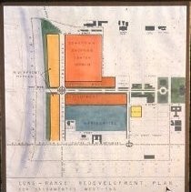 Views of redevelopment sites, renderings, and table models for the proposed Redevelopment District. Includes maps and site plans