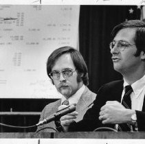 Daniel, Lowenstein, chairman of the California Fair Political Practices Commission, right, with commission's accountant, Alan Herndon