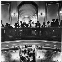 View of a black tie dinner held in the newly restored rotunda of the California State Capitol building