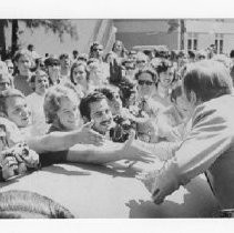 Hubert Humphrey, longtime U.S. Senator from Minnesota, 38th Vice President (under LBJ, 1965-1969), Democratic nominee for President, 1968. Here, he speakers to a huge crowd at Sacramento State College