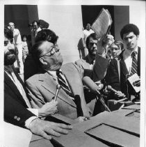 Howard Jarvis, businessman, lobbyist and anti-tax advocate behind Proposition 13, shown here with boxes of letters supporting Prop 13 at a Capitol news conference