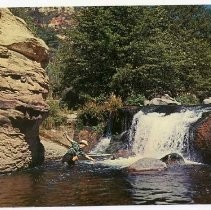 Postcard of Jerome, Arizona, You Land the Big Ones in Oak Creek Canyon (man fishing in creek)