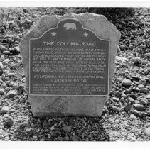 View of the plaque for the Coloma Road, Sutter's Fort which ran from the fort to Sutter's sawmill in Coloma, California. California State Landmark #746, Sacramento County. This portion is at Alder Springs