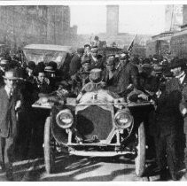 The Thomas Flyer (automobile) greeted along Market Street in S.F., 41 days after the start of a New York to Paris Race. The car was later acquired by William Harrah