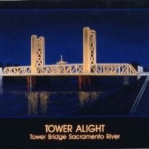 A welcoming postcard into Sacramento encouraging out-of-towners to visit one of its most popular landmarks--Tower Bridge