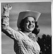 Delsa Keaton, Miss Sacramento, 1954, on a horse, to promote rodeo