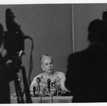 Dr. Irene Hickman, an osteopath and the Sacramento County assessor. Caption: The silhouettes of television cameramen frame County Assessor Irene Hickman during her press conference