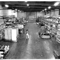 Elevated view of the warehouse holding the inventory of artifacts from the California State Capitol restoration project. Michael Casey views the collection