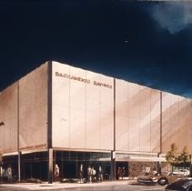 Capitol Mall Redevelopment Project renderings of buildings in the district bounded by Capitol Ave. 4th, 5th and L Streets. This views shows the Sacramento Savings and Loan Building Proposal