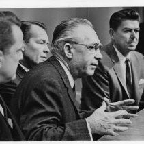 H.C. McClellan, Spencer Williams, Robert Finch and Ronald Reagan at a news conference