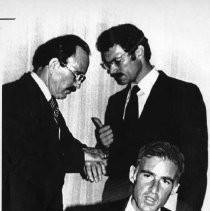 Governor Edmund G. Brown, Jr. talks with reporters, in Mexico City, after meeting with Mexican President Jose Lopez Portillo about trade and energy matters. In the background, California Finance Director Richard Silberman (left) and Richard Maulin energy commision chairman