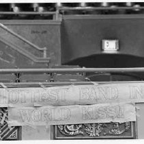 Memorial Auditorium interior view, with sign reading "The Hottest Band in the World Kiss!"