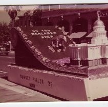 View of Admission Day Parade in Sacramento, Sept. 9, 1958. This view shows the float for the Native Sons of the Golden West, Sunset Parlor #26