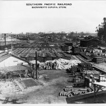 Elevated view of Southern Pacific Railroad, Sacramento General Store at the Railyards