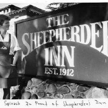 Linda Spivack in front of Sheepherder Inn