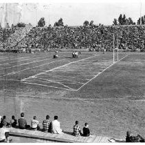 Hughes Stadium field with football game in progress