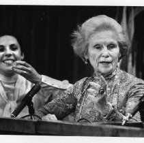 Millie Jeffrey, national chairperson for the National Women's Political Caucus, speaking to the press in the Capitol. A union organizer and leader, she was active in the Democratic Party and worked for civil and women's rights