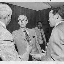 Richard H. Marriott, Mayor of Sacramento, 1968-1975. Here, Mayor Marriott (center) on election night with three other men including opponent Milton McGhee (right)