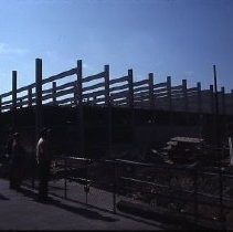 Site of the Downtown Plaza Parking Garage, Lot "G" near Macy's Department Store, 4th, 5th K and L Streets under construction. This view is looking east from the Fratt Building in Old Sacramento