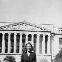 Edith Price Singer in front of the Library and Courts Building