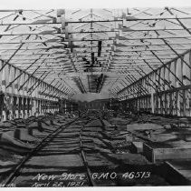 Exterior view of Southern Pacific Company's railyards construction site progress on General Store No. 1 for G.M.O. 46513 in 1921