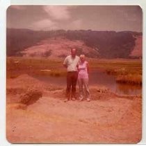 Photographs of Bolinas Bay. Two unidentified archaeologists posing in a trench