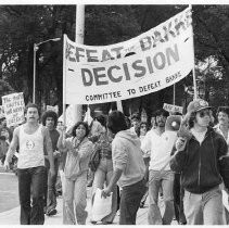 Demonstrators in McClatchy Park express their opposition to the Bakke affirmative action court decision