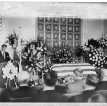 Funeral of Frank M. Jordan, California Secretary of State, Republican, 1943-1970 (died in office). Here, Gov. Ronald Reagan delivers a eulogy