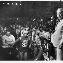 Senator S.I. Hayakawa, speaking to students at Hiram Johnson HS in Sacramento