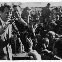 Senator Robert F. Kennedy (D-NY) campaigning for president, making a speech