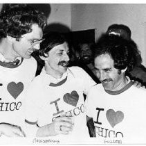 Caption Reads: "Councilmen Karl Ory, left, William Brashears, and David Guzzetti seem to have a common love--Chico."