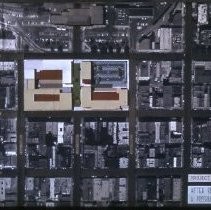 Views of redevelopment sites, renderings, and table models for the proposed Redevelopment District. Includes maps and site plans. This view shows a table model