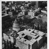 Aerial view of the old California State Capitol building and the new annex nearly completed on the eastside