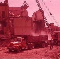 Views of redevelopment sites showing the demolition of blocks # 234, 235 and # 286, 287 which is 3rd and 4th Streets between J and K Streets. This view is the south half of block #235 at 403-409 K Street looking southwest from the alley