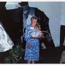 Photographs from Aubrey Neasham Bust Dedication at the Sacramento History Museum in Old Sacramento. Irene Neasham unveiling bust