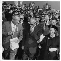 Senator Barry Goldwater of Arizona, center, with former California Senator William Knowland and wife Margaret Goldwater while campaigning for presidency