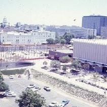 Elevated view of the subway beneath the Downtown Plaza Shopping Center under construction next door to Macy's